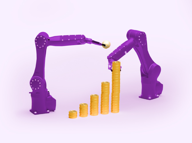 Purple cranes with yellow ascending bar graph, symbolizing capacity planning