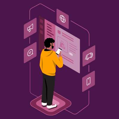 一位手机用户查看 Slack 应用，他周围是各种图标。