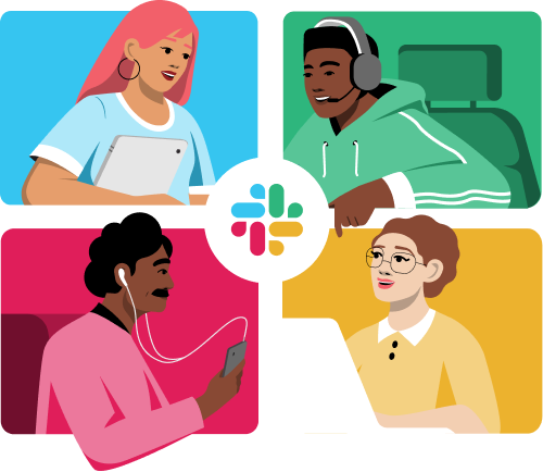 四位同事协同工作、中心有 Slack 徽标的插图。